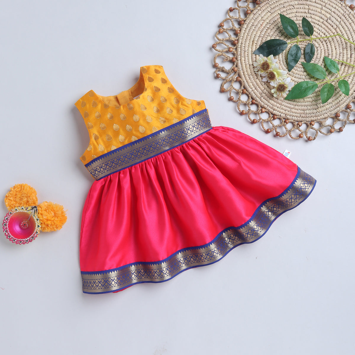 Many Frocks & Poly Silk Sleeveless Woven Boti Double Lace Embellished Knee Length Ethnic Dress- Pink & Mustard