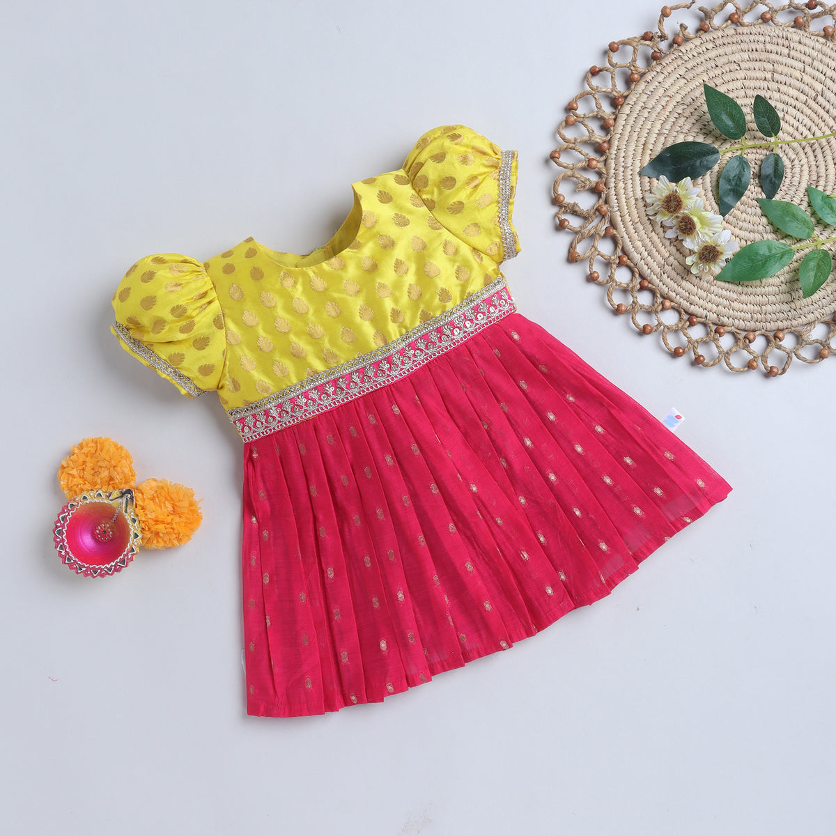 Many Frocks & Chanderi & Silk Puff Sleeves Woven Boti  Lace Embellished Knee Length Ethnic Dress- Pink & Yellow