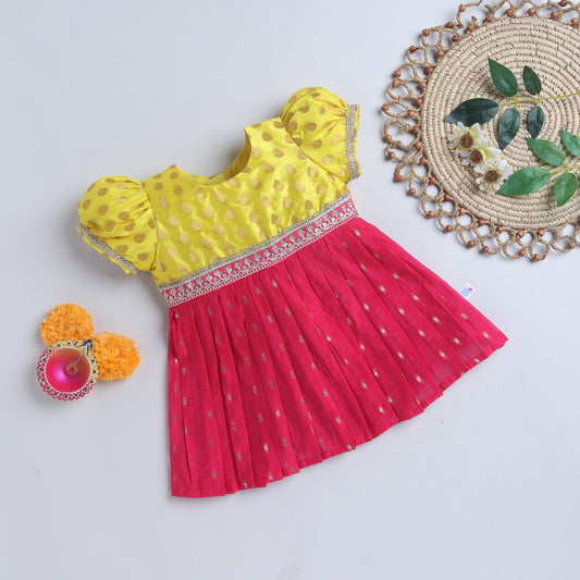 Many Frocks & Chanderi & Silk Puff Sleeves Woven Boti  Lace Embellished Knee Length Ethnic Dress- Pink & Yellow