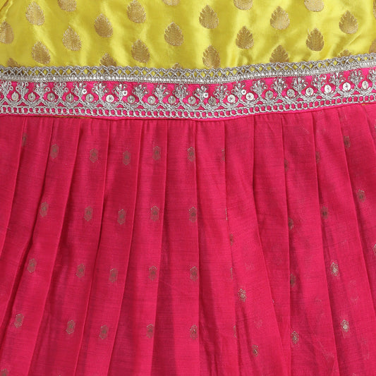 Many Frocks & Chanderi & Silk Puff Sleeves Woven Boti Lace Embellished Knee Length Ethnic Dress- Pink & Yellow