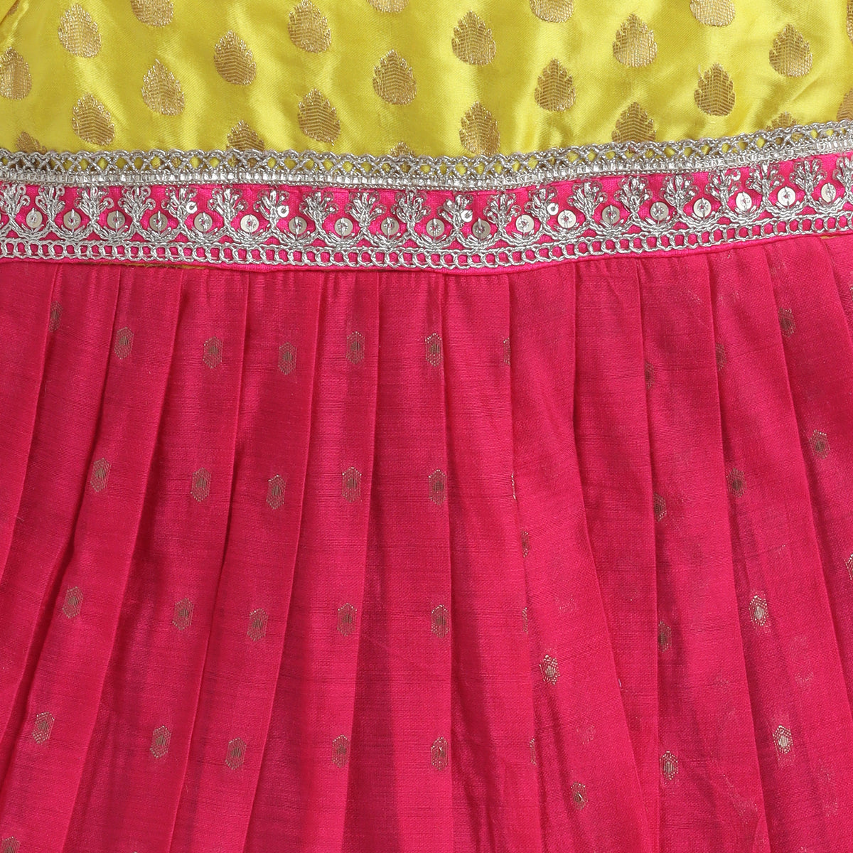 Many Frocks & Chanderi & Silk Puff Sleeves Woven Boti  Lace Embellished Knee Length Ethnic Dress- Pink & Yellow
