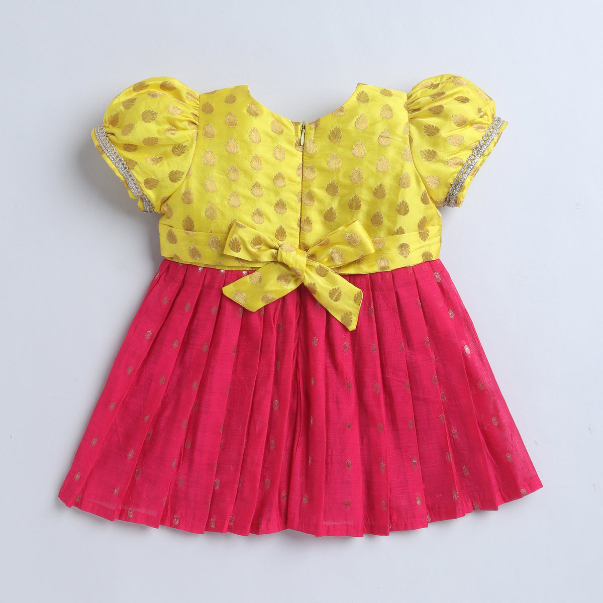 Many Frocks & Chanderi & Silk Puff Sleeves Woven Boti  Lace Embellished Knee Length Ethnic Dress- Pink & Yellow