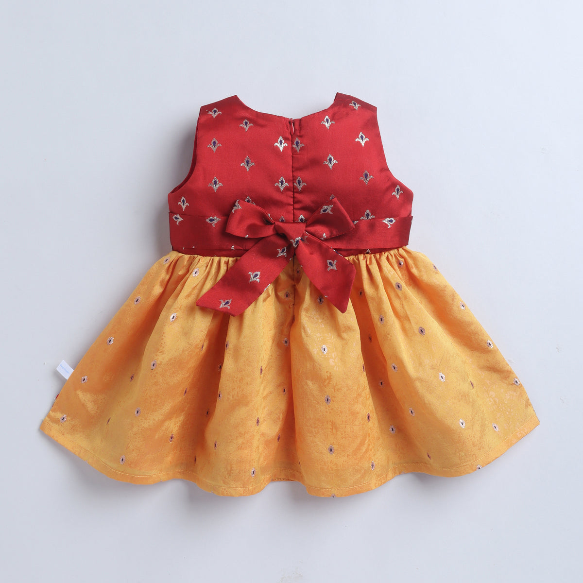 Many Frocks & Poly Silk Sleeveless Woven Flower Double Lace Embellished Knee Length Ethnic Dress- Yellow & Maroon
