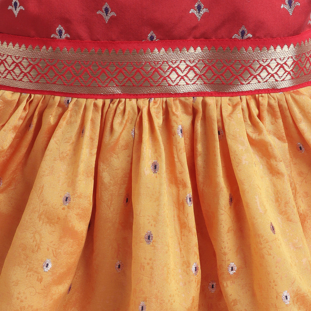 Many Frocks & Poly Silk Sleeveless Woven Flower Double Lace Embellished Knee Length Ethnic Dress- Yellow & Maroon