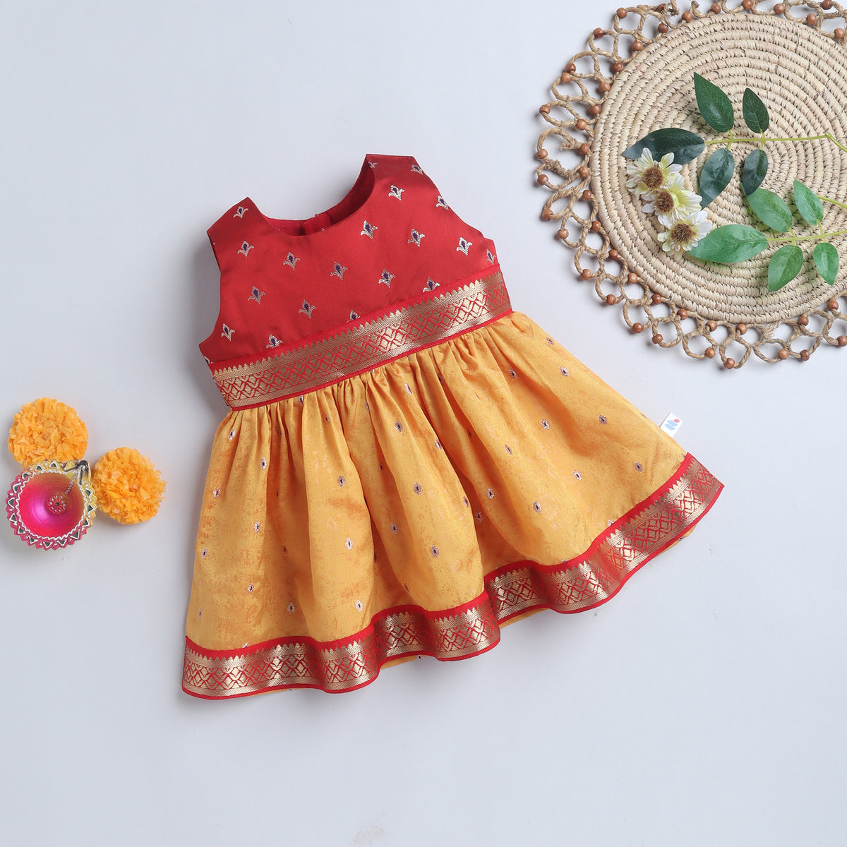 Many Frocks & Poly Silk Sleeveless Woven Flower Double Lace Embellished Knee Length Ethnic Dress- Yellow & Maroon