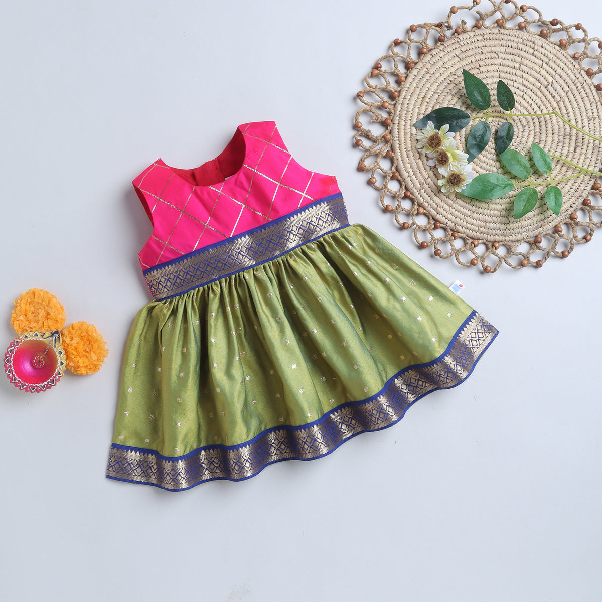 Many Frocks & Poly Silk Sleeveless Woven Boti Double Lace Embellished Knee Length Ethnic Dress- Green & Pink
