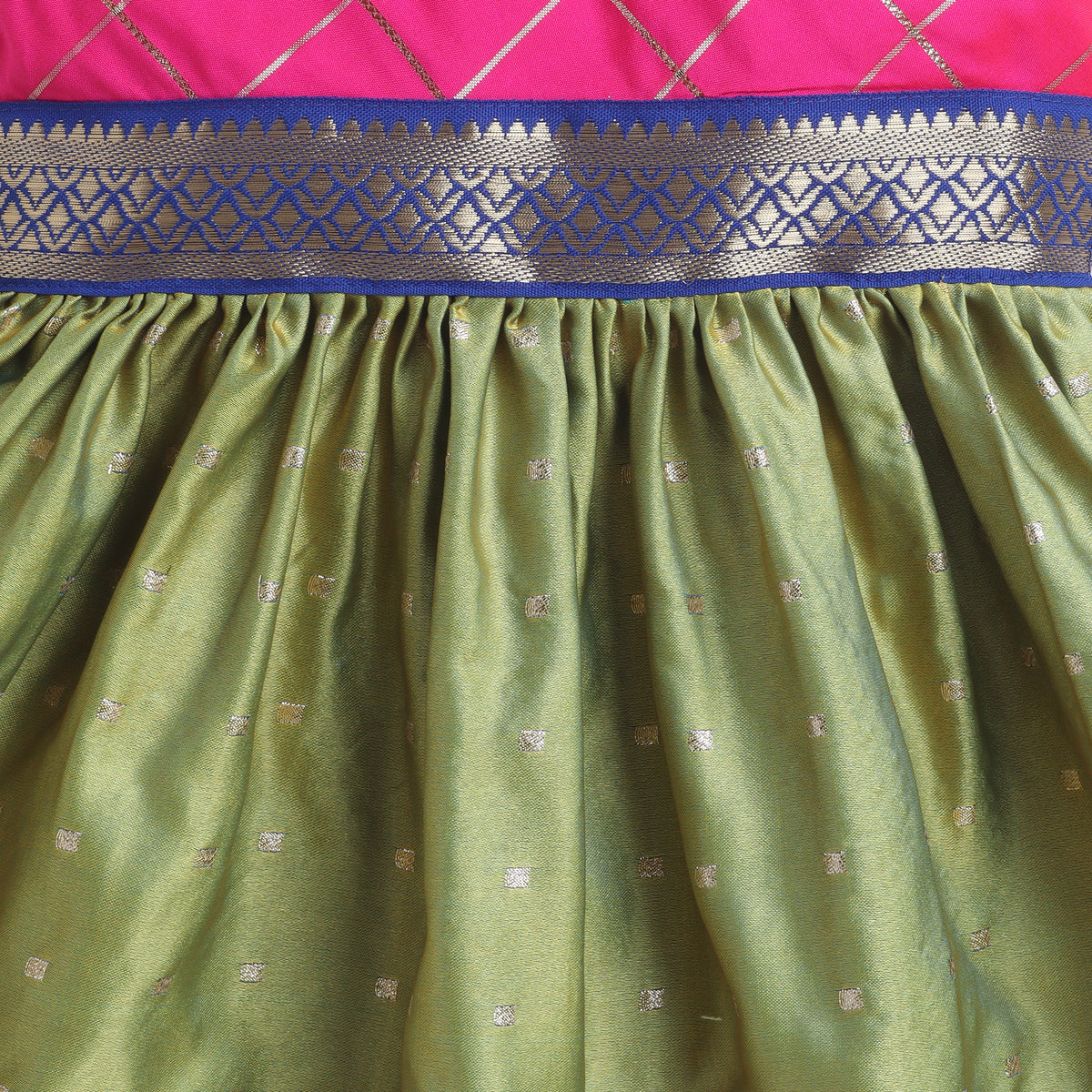 Many Frocks & Poly Silk Sleeveless Woven Boti Double Lace Embellished Knee Length Ethnic Dress- Green & Pink
