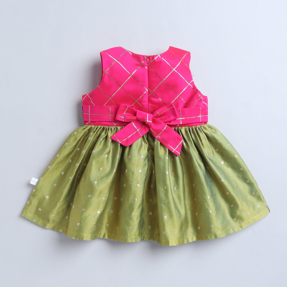Many Frocks & Poly Silk Sleeveless Woven Boti Double Lace Embellished Knee Length Ethnic Dress- Green & Pink