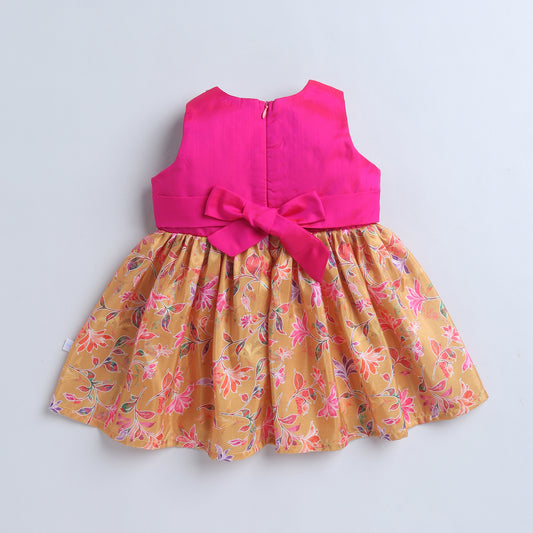 Many Frocks & Poly Silk Sleeveless Floral Printed  Lace Embellished Knee Length Ethnic Dress- Yellow & Pink