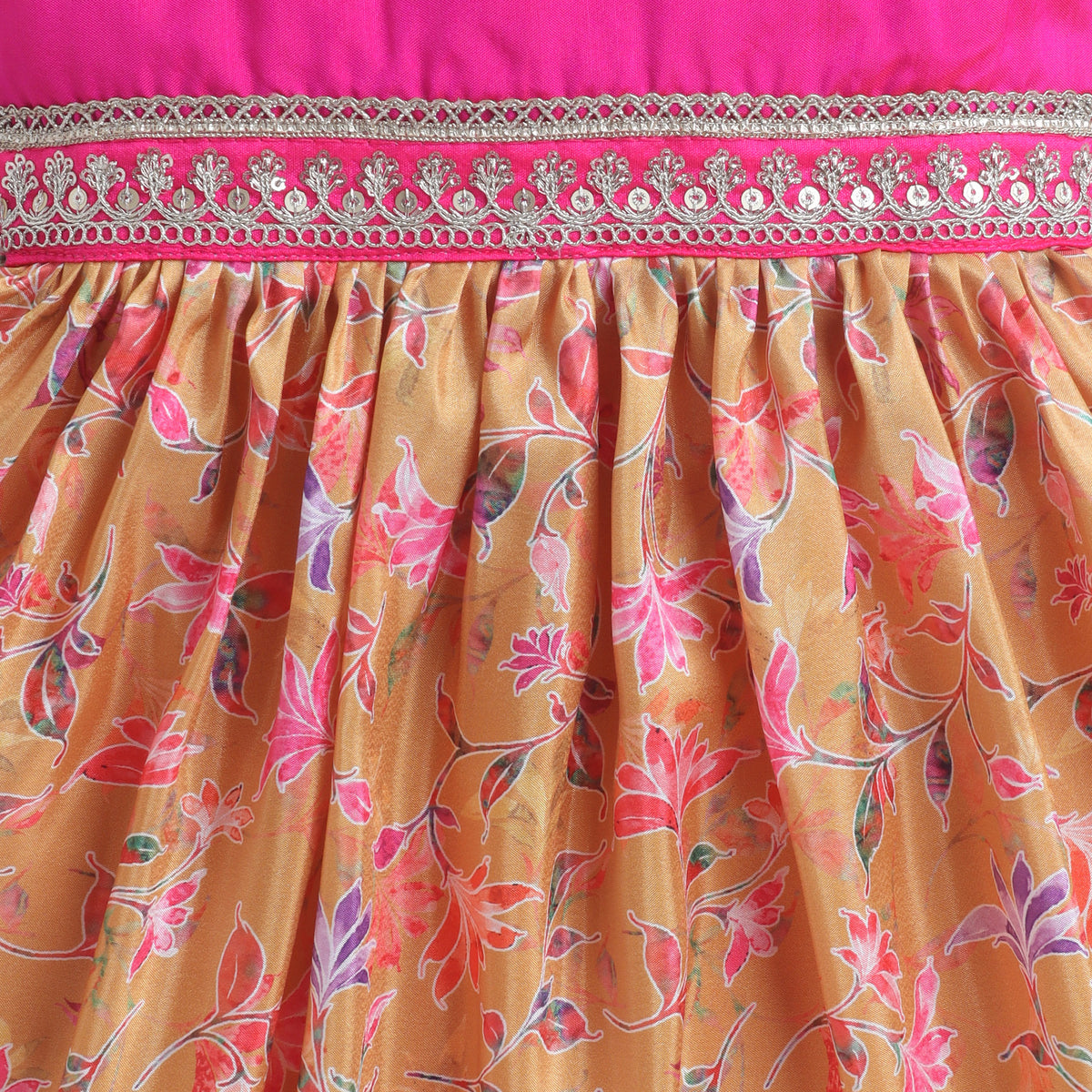 Many Frocks & Poly Silk Sleeveless Floral Printed  Lace Embellished Knee Length Ethnic Dress- Yellow & Pink