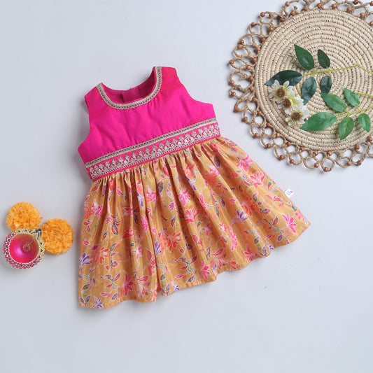 Many Frocks & Poly Silk Sleeveless Floral Printed  Lace Embellished Knee Length Ethnic Dress- Yellow & Pink