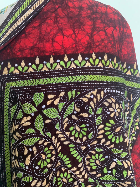 Batik and Katha work dupatta - Red