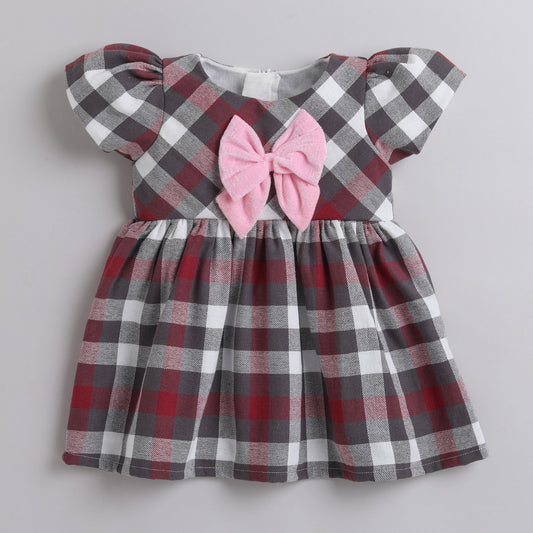 Many Frocks & Cotton Cap Sleeves Checks Bow Embellished Knee Length Baby Casual Dress - Maroon
