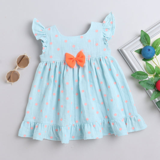 Many Frocks polka dot  printed knee length flutter sleeves baby and girls casual dress - Blue