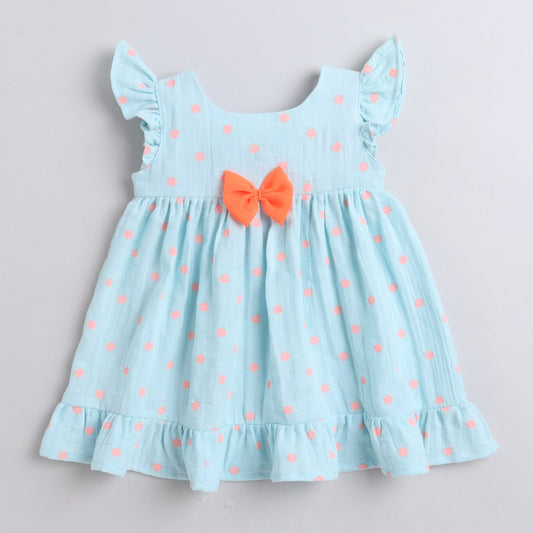 Many Frocks polka dot printed knee length flutter sleeves baby and girls casual dress - Blue