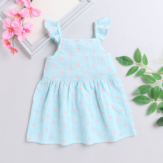 Many Frocks knee length frill trimmed shoulder strap sleeveless girls causal dress - Blue