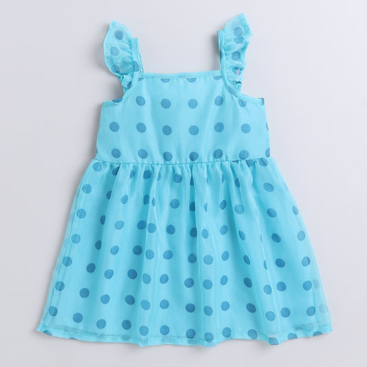 Many Frocks knee length frill trimmed shoulder strap sleeveless polkadot girls causal dress - Blue