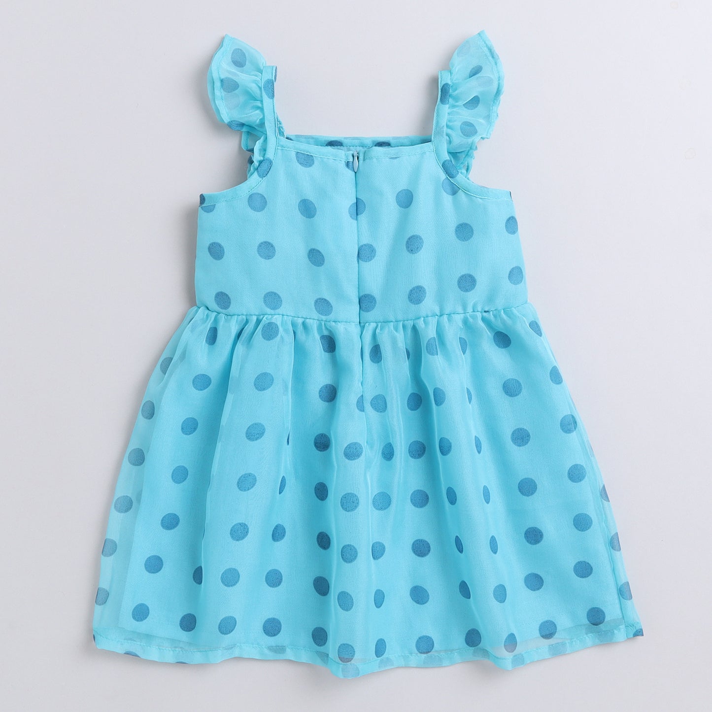 Many Frocks knee length frill trimmed shoulder strap sleeveless polkadot girls causal dress - Blue