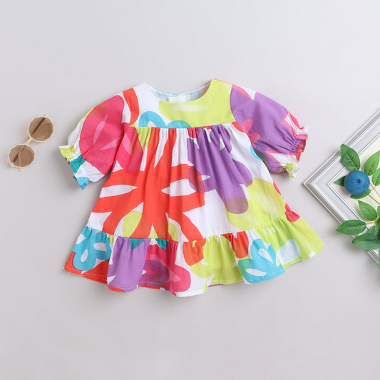 Many Frocks muticolour printed knee length billowy sleeves knee length baby and girls casual dress - Multicolour