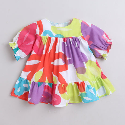 Many Frocks muticolour printed knee length billowy sleeves knee length baby and girls casual dress - Multicolour