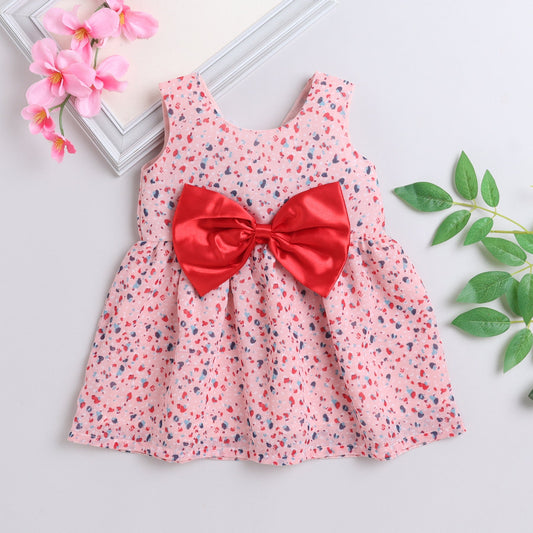 Many Frocks knee length sleeveless big bow girls causal dress - Pink