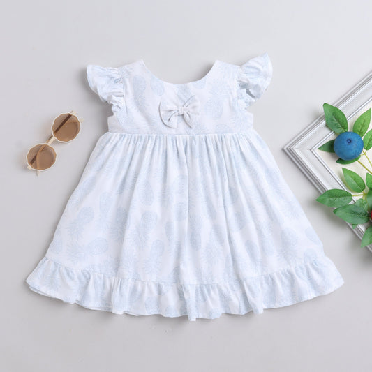 Many Frocks pineaple printed knee length flutter sleeves baby and girls casual dress - White