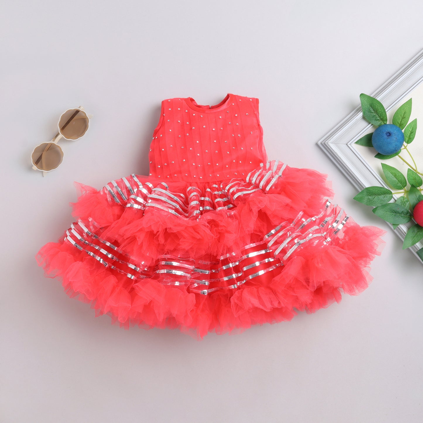 Many Frocks knee length frills enhanced layered party dress - Red