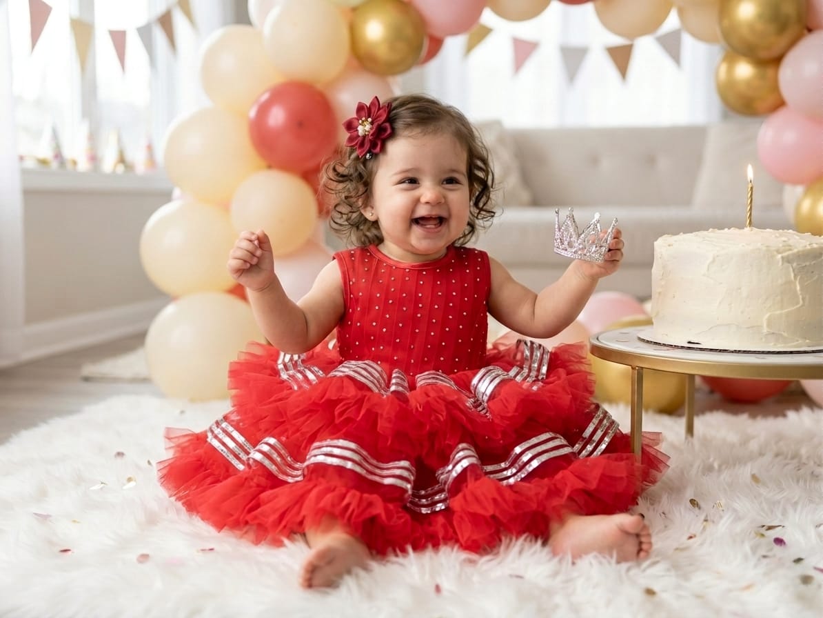 Many Frocks & Net Sleeveless Lace Embellished Knee Length Baby Party Dress  - Red