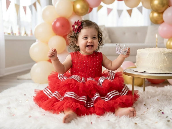 Many Frocks & Net Sleeveless Lace Embellished Knee Length Baby Party Dress  - Red