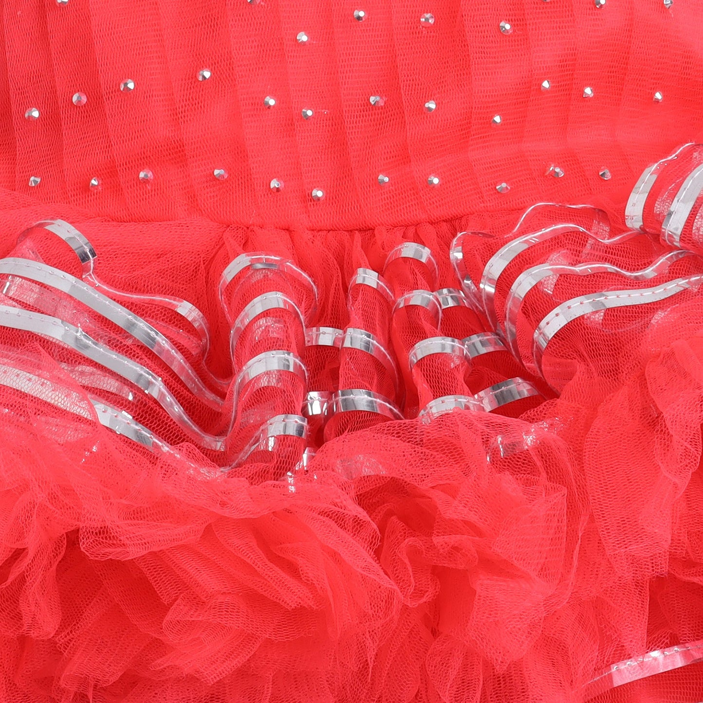 Many Frocks knee length frills enhanced layered party dress - Red