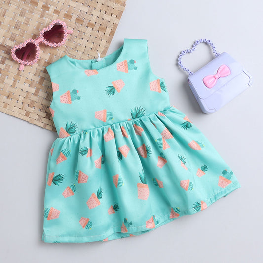 Many Frocks & sleeveless knee length round neck baby and girls party dress - Green