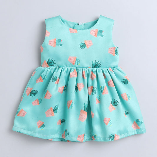 Many Frocks & sleeveless knee length round neck baby and girls party dress - Green