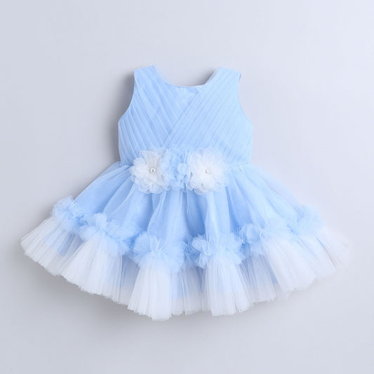 Many Frocks & Knee length sleeveless Flower Embellished Fit & Flared Party Dress - Blue