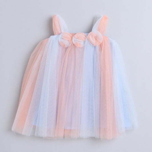 Many Frocks & Knee length Sleeveless Ruffled Applique Embellished A Line Party Dress - Peach And Blue