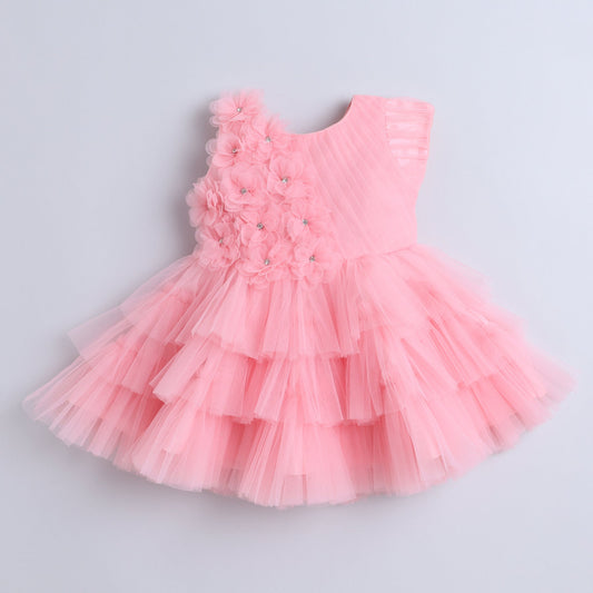 Many Frocks &  Knee length half Sleeves 3d Flower Party Dress-Pink