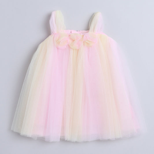 Many Frocks & Knee length Sleeveless Ruffled Applique Embellished A Line arty Dress - Yellow And Pink