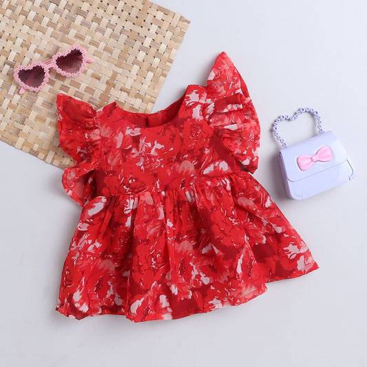 Many Frocks & sleeveless  frilly knee length baby & girls casual dress - Red