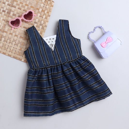 Many Frocks & striped sleeveless cutwork embellished knee length baby & girls casual dress - Grey