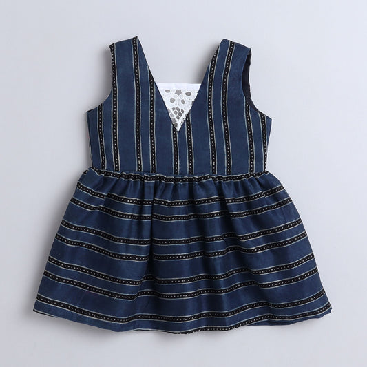 Many Frocks & striped sleeveless cutwork embellished knee length baby & girls casual dress - Grey