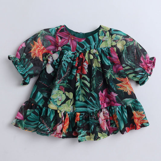 Many Frocks & floral garden sleeves embellished knee length baby & girls casual dress - Multicolour