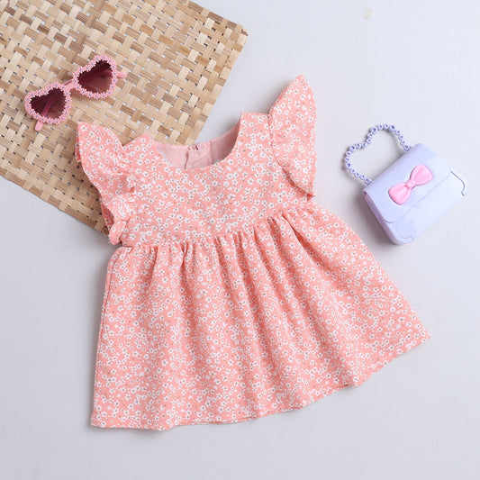 Many Frocks & sleeveless frilly knee length baby & girls casual dress - Peach