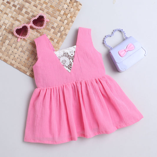 Many Frocks & sleeveless cutwork embellished knee length baby & girls casual dress - Pink