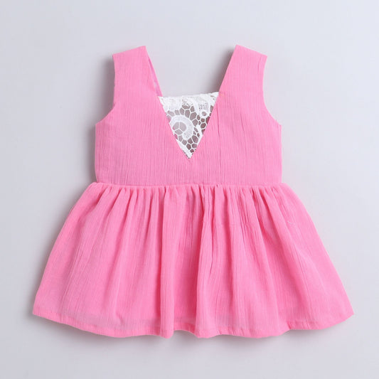 Many Frocks & sleeveless cutwork embellished knee length baby & girls casual dress - Pink