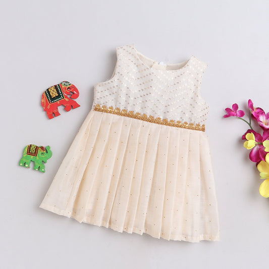 Many Frocks golden polka dot embellished knee length sleeveless baby and girls ethnic froc - Cream