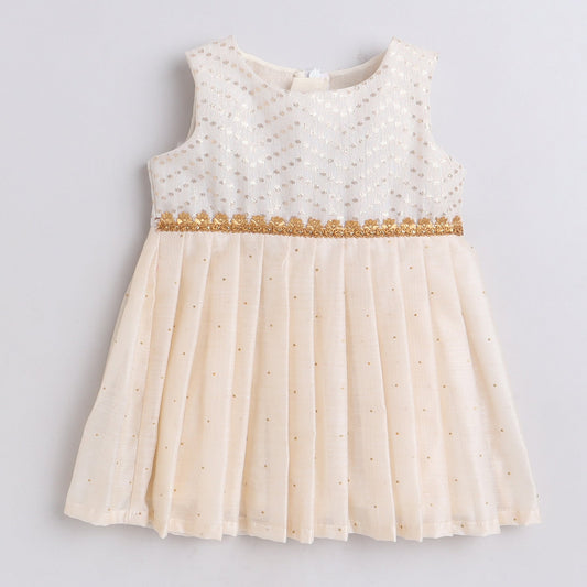 Many Frocks golden polka dot embellished knee length sleeveless baby and girls Casual frock-Cream