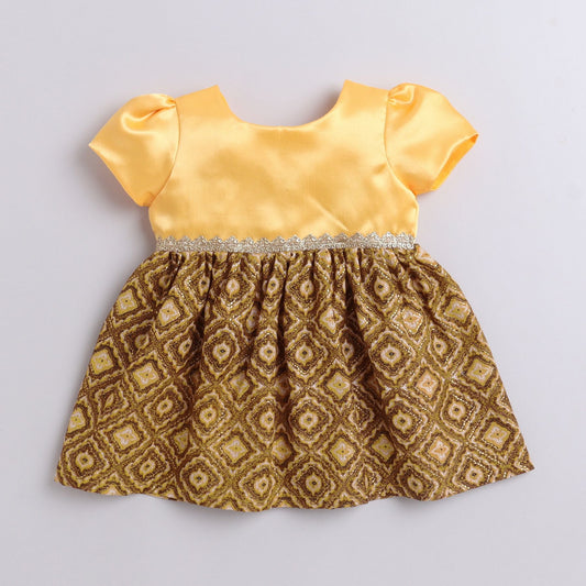 Many Frocks & Foil Printed Knee Length Puff Sleeve Baby And Girls Ethnic Frock - Yellow