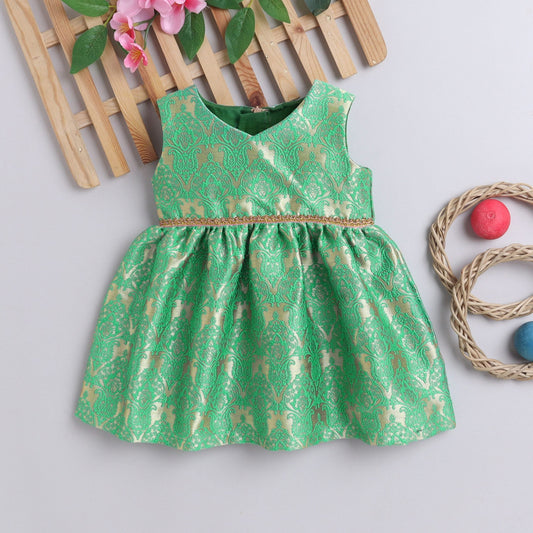 Many Frocks &  Textured Knee Length Sleevelesss Baby &  Girls Ethnic Frock - Green