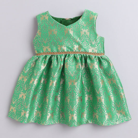 Many Frocks &  Textured Knee Length Sleevelesss Baby &  Girls Ethnic Frock - Green