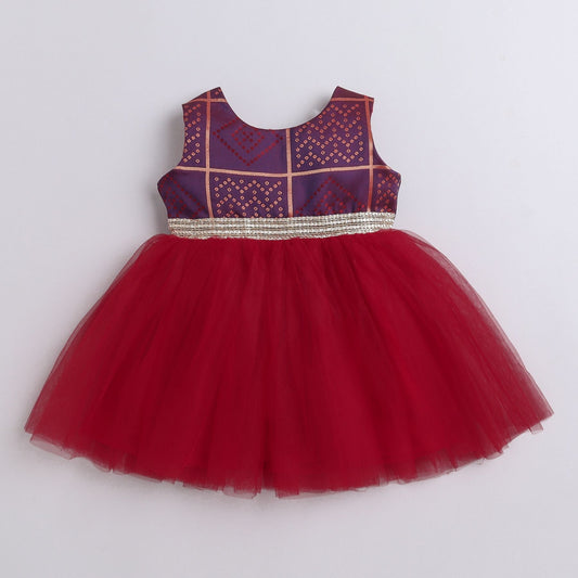 Many Frocks &  Patola Weave Bodice Knee Length Sleeveless Baby And Girls Ethnic Frock - Purple &  Maroon