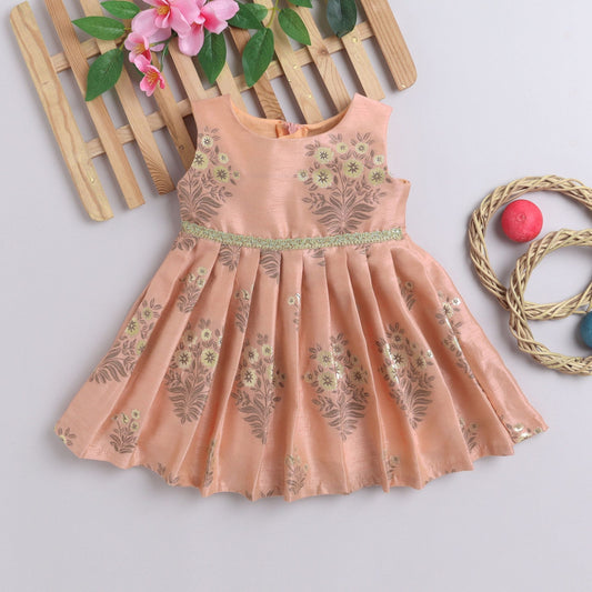 Many Frocks &  Floral Bouquet Knee Length Sleeveless Baby &  Girls  Ethnic Frock - Peach